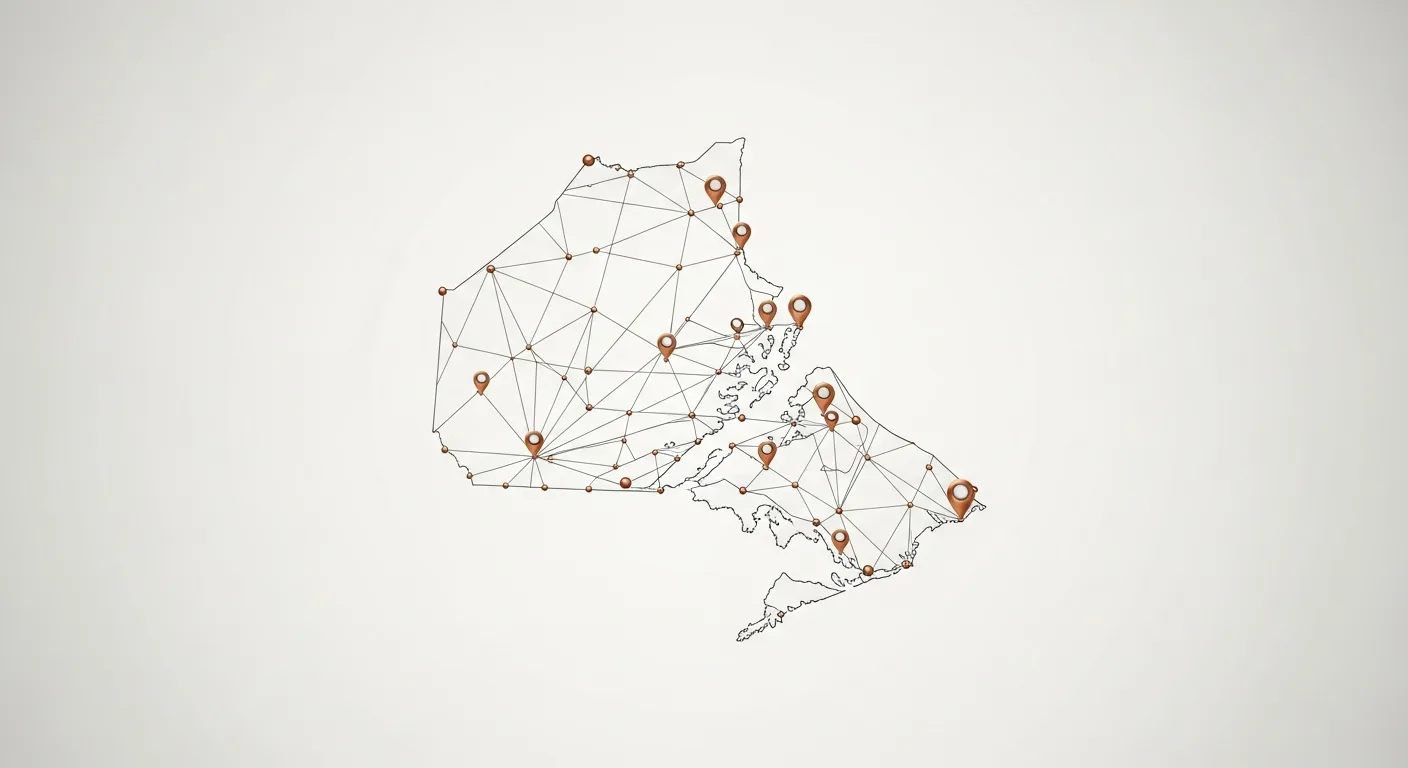Stylized map of Ontario showing Oh Bombay locations and growth corridors