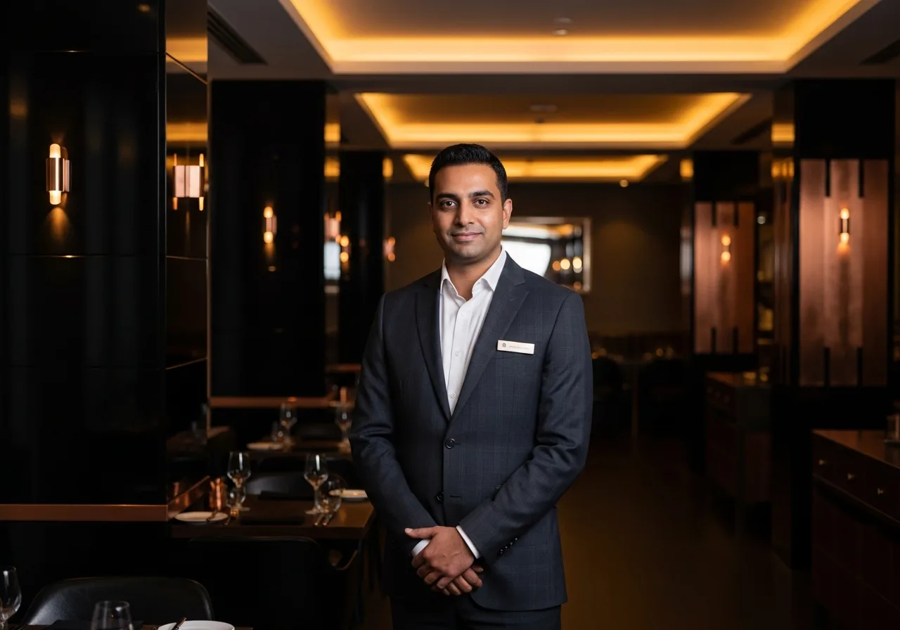 Restaurant owner overseeing service in a modern Indian restaurant