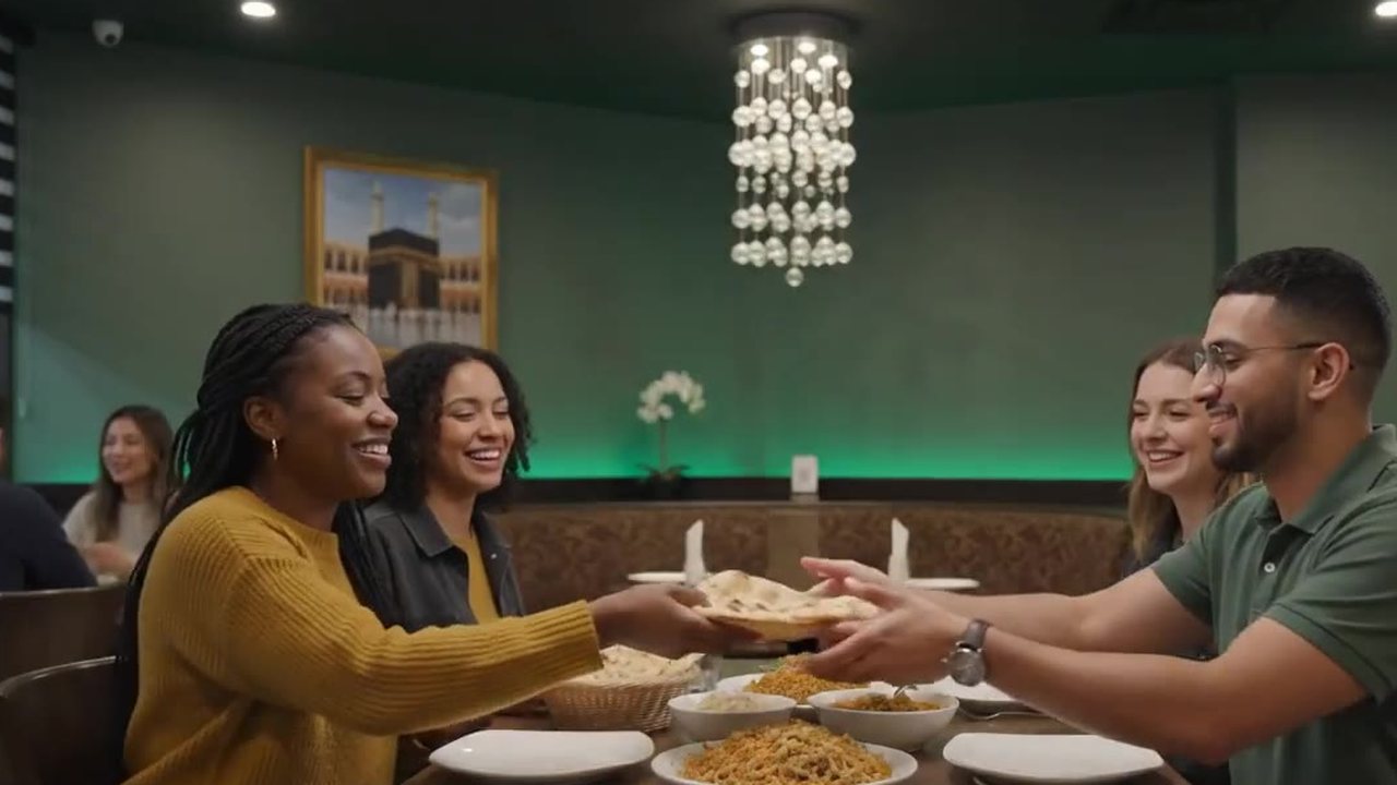 Guests sharing dishes across a table in an Oh Bombay dining room